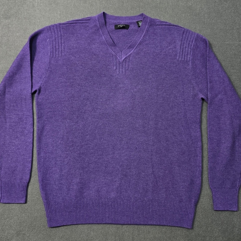 Callaway Men Sweater L Merino Wool Blend Pullover Purple V-Neck Golfing Golf